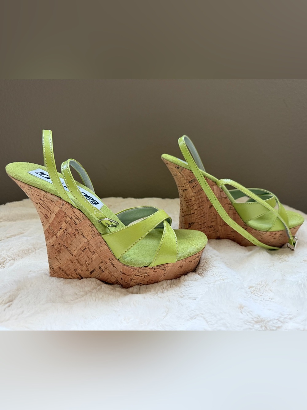 Lime Green Cork Wedge Sandals - Women
